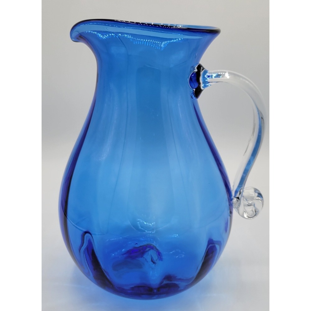 Blenko Hand Blown Glass Cobalt Blue Pitcher & Clear Handle W/ Sticker 10"H USA